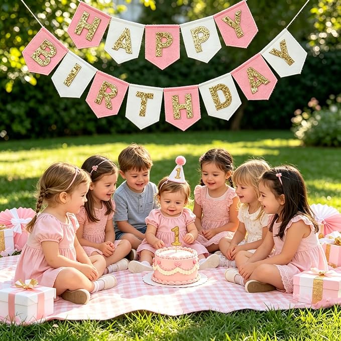 First Birthday Decorations For Girl- Felt Happy Birthday Banner Pink Gold 1st Birthday High Chair Decorations,Birthday Topper Party Hat,Boho Pink Gold 1st Birthday Party Supplies For Girl
