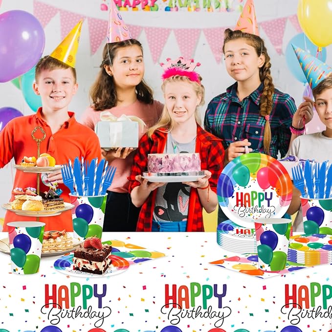 141Pcs Balloon Birthday Party Decorations - Tableware Party Supplies Plates and Napkins Forks Cups Straws Cutlery Colorful Balloons for Baby Shower Birthday Decorations Serves 20 Guests