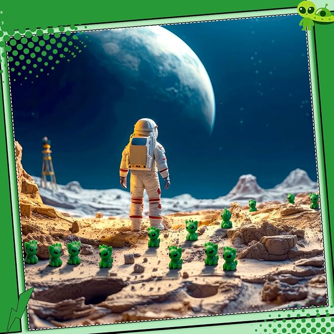 VioraWhite 50 Pcs Resin Mini Alien Cat Figures Bulk Tiny Alien Cat Figurine to Hide and Seek Green UFO Sci-fi Space Party Gifts for Miniature Landscape Space Birthday Party Goodie Bags Fillers