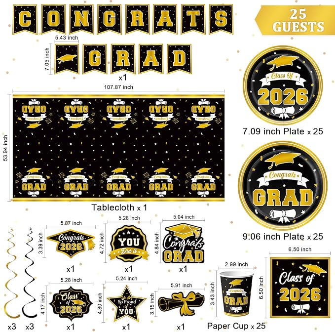 Graduation Decorations 2026 Black and Gold, Congratulations Party Favors Supplies Paper Plates Napkins Cups Tablecloth for 25 Guests, Disposable Tableware Accessories for College & Middle School