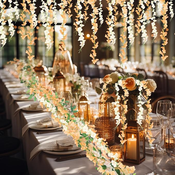 Thiccywoov 4pcs Wisteria Artificial Flowers Garland, 7.2Ft/Piece Wisteria Hanging Flowers Garland for Wedding Arch Decoration Outdoor Ceremony Home Backdrop Garden (Champagne,Orange)