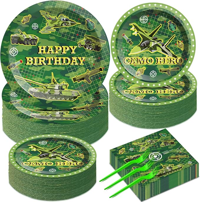 gisgfim 50 Guests Army Birthday Party Decorations Camo Birthday Party Supplies Army Party Plates and Napkins Military Soldier Camouflage Party Decorations Favors for Birthday Baby Shower 200 PCS