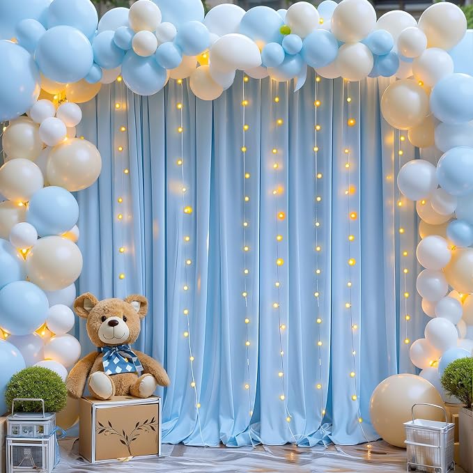 Blue Backdrop Curtains with Lights for Parties,10x10FT Wrinkle Free Polyester Wedding Photo Backdrop Curtains for Baby Shower Birthday Ceremony Reception Home Party Decorations-5ft x 10ft,2 Panels