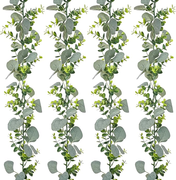4 Pcs Greenery Garland,5.9Ft Eucalyptus Garland,Faux Flower Garlands Silk Eucalyptus Leaves,Fake Vines for Table Centerpieces Wedding Decorations,Outdoor DIY Front Door Wreath