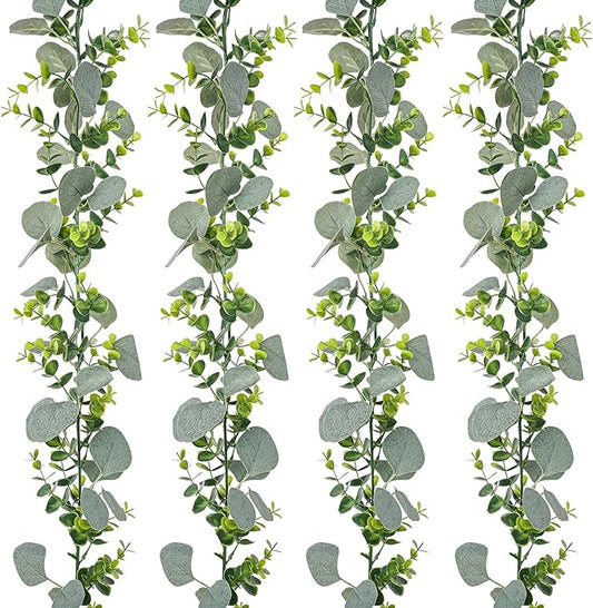 4 Pcs Greenery Garland,5.9Ft Eucalyptus Garland,Faux Flower Garlands Silk Eucalyptus Leaves,Fake Vines for Table Centerpieces Wedding Decorations,Outdoor DIY Front Door Wreath