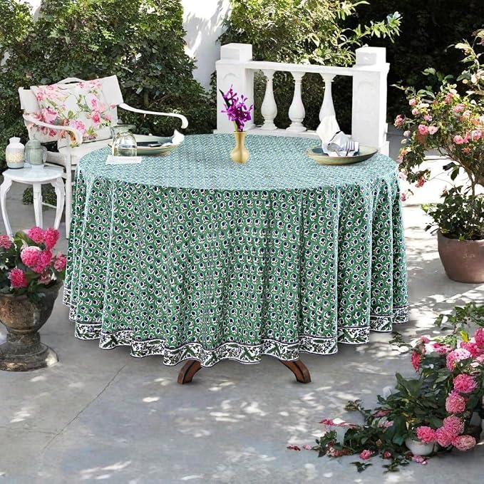 Ridhi Round Tablecloth Hand Block Print 100% Cotton Reusable Basil Green 132 Inch Table Cover Decorative Everyday Use for Dining, Home, Party, Wedding, Farmhouse, Party Gift for Spring, Mother's Day