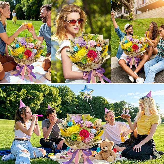 Preserved Bouquet with Bear: Big Flowers Big Love-Romantic Graduation Gifts for Her-Daughter Girlfriend Wife Mom-Flowers for Delivery Prime on Birthday Valentines Anniversary (Dopamine 1)