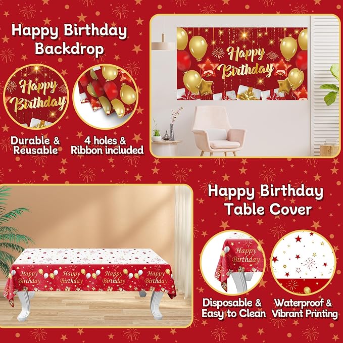 Red and Gold Birthday Decorations for Women Men Girls Boys, 72pcs Red and Gold Party Decorations Happy Birthday Backdrop Burgundy Confetti Star Balloon Arch Table Cloth Party Supplies