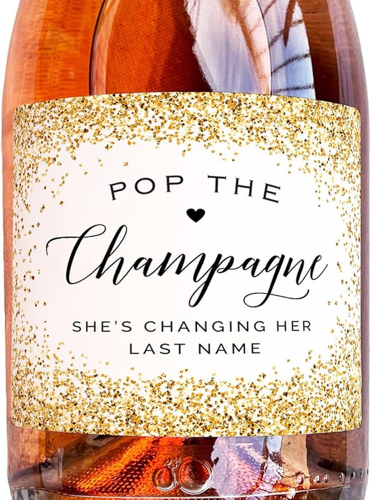 Pop The Champagne - 6 Printed Waterproof 750ml Champagne Bottle Labels, Gold (not Real foil) Sticker for Bridal Shower Bachelorette Party