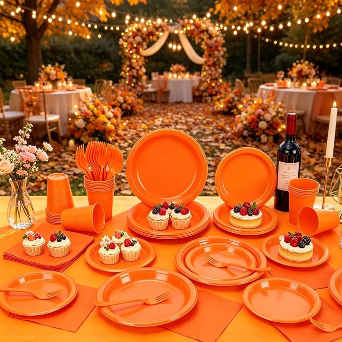 Orange Plastic Plates for Party,30 Guest Disposable Orange Party Supplies Including Dinner&Dessert Plate,12oz Cups,Cutlery,Napkins & Tablecloth Dinnerware Decorations for Birthday Fall Parties Wedding