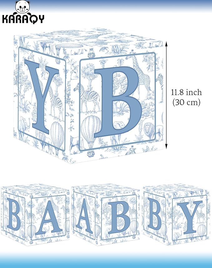 KARAQY Blue Safari Baby Shower Decorations - 4PCS Blue Toile de Jouy BABY Boxes, Jungle Animals Party Boxes for Birthday, Baby Shower Party Supplies (11.8 * 11.8 * 11.8 inches)