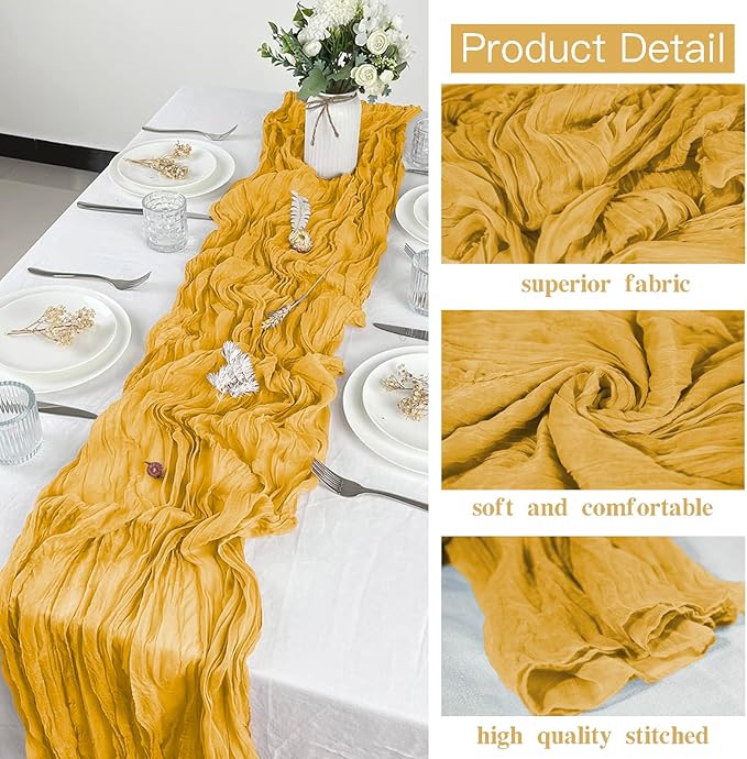 12 Pack Gold Cheesecloth Table Runner, 35x120 Inch Mustard Boho Gauze Table Runner 10ft Rustic Sheer Cheese Cloth Runners for Bridal Shower Wedding Party Baby Shower Table Decor