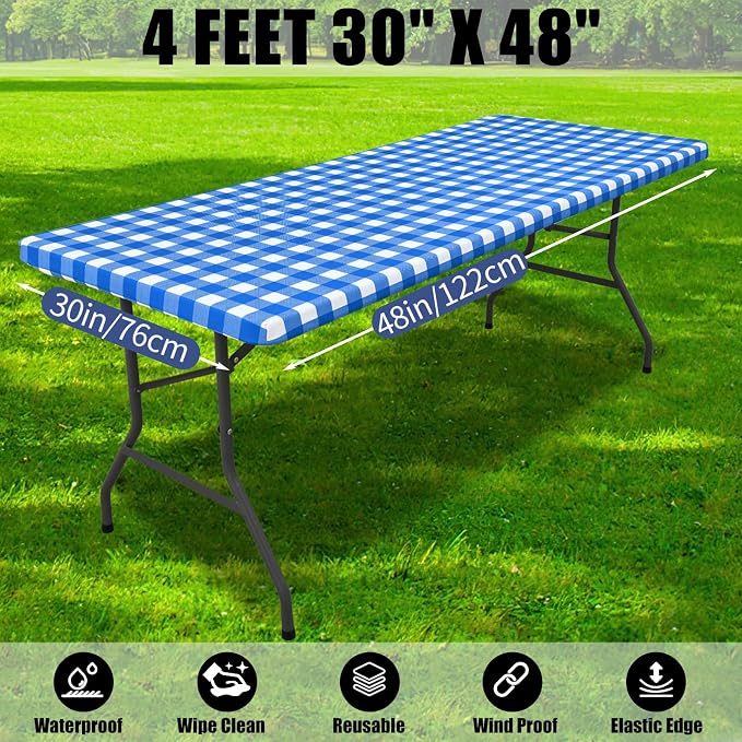 Smiry Picnic Table Cloth 4 Pack, Waterproof Elastic Fitted Tablecloths for 4FT Rectangle Tables, Washable Polyester Buffalo Plaid Tablecloth for Camping, Dining & Outdoor (Blue & White, 30" x 48")