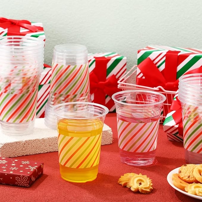 100 Pack Red and Green Striped Plastic Cups 16 oz Disposable Pastel Striped Carnival Party Cups Bulk for Circus Theme Birthday, Spring, Fiesta Party Supplies