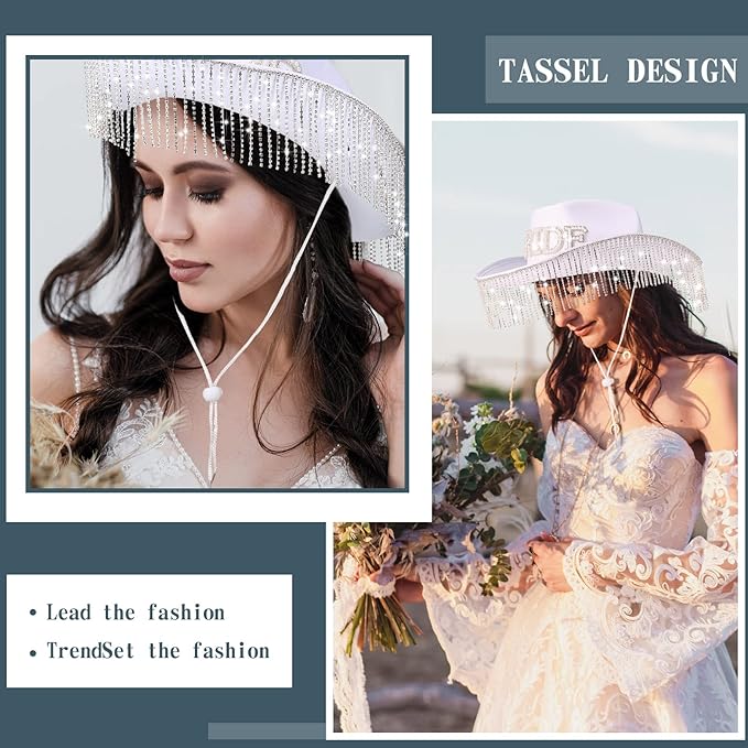 Patelai 2 Pcs Bride Hat Cowgirl Bachelorette Party Cowboy Hat with Rhinestone Tassels Sash Bride to Be Gift Bridal Wedding(Strip Rhinestone Fringe)