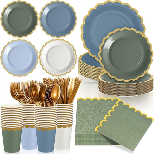 Mimorou 169 Pcs Blue and Sage Green Plates and Napkins Party Supplies for Guests Dusty Blue Tableware Include Scalloped Plates Paper Napkin Cup Spoon Fork Knife for Baby Shower, Wedding, Birthday