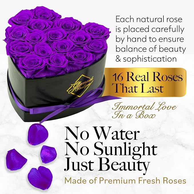 GLAMOUR BOUTIQUE 16 Flower Forever Heart Shape Box, Mothers Day Gift For Mom, Eternal Preserved Roses Gift for Her, Flowers bouquet, For Birthday, Anniversary, Girlfriend - Purple (Color-Treated)