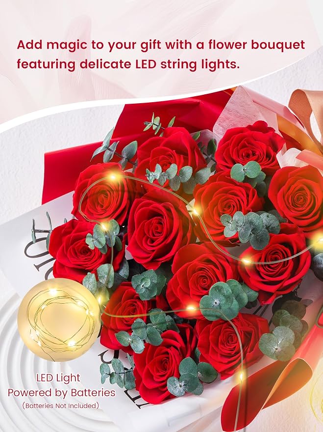 Mosstory 12 Red Preserved Roses Bouquet Flower Bouquet with Led Lights Gift for Women Wife Mother Day Birthday Wedding Anniversary (Red)