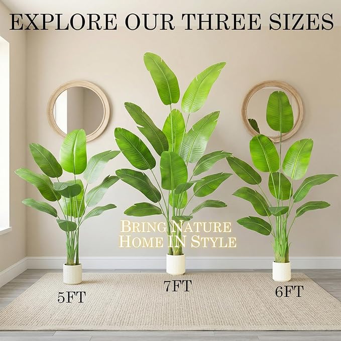 Artificial Bird of Paradise Plant: 7FT Faux Traveler's Palm Fake Banana Tree Elephant Ear Leaf Tall Silk Floor Plant in White Pot for Home Decor Indoor Office Entryway Balcony Patio Cafe Hotel