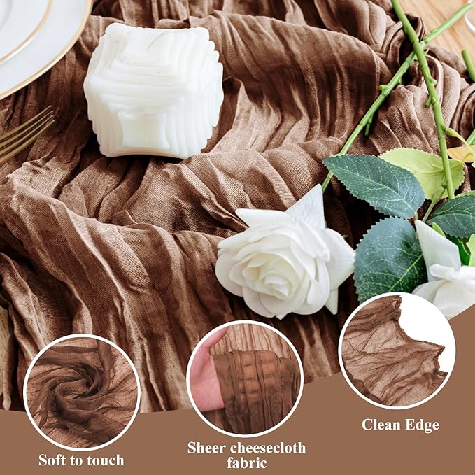 Wokceer Cheesecloth Table Runner Thanksgiving Brown 10FT Boho Gauze Fall Cheese Cloth Table Runner for Party Long Rustic Sheer Table Runners for Baby Bridal Shower Wedding Easter Table Decor
