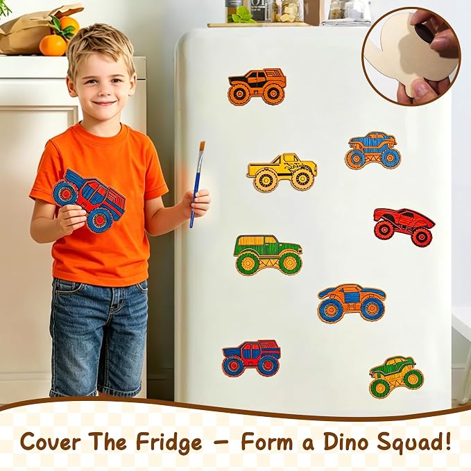 HandTool Monster Truck Party Favors, 24 PCS DIY Wooden Truck Painting Crafts Kit for Kids with Paints & Magnets, Bubble Wands, Cards and Gift Bags, Monster Truck Birthday Supplies Classroom Rewards