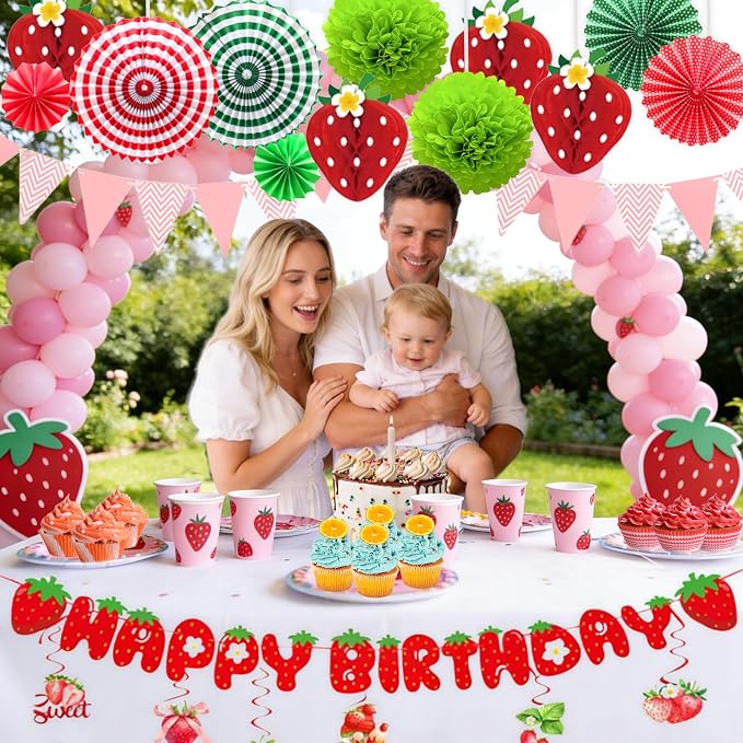 Strawberry Birthday Decorations,Cute Strawberry Party with Red Strawberry Honeycomb Balls,Green Paper Pom Poms,Paper Fan,Banner and Hanging Swirls Berry Hanging Decor Centerpieces