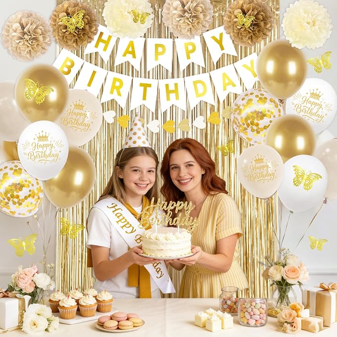 56PCS Champagne Gold Birthday Decorations for Women, White and Gold Birthday Decorations Include Banner Balloons 3D Butterfly Stickers Fringe Curtain Paper Pompoms, Happy Birthday Supplies for Girls