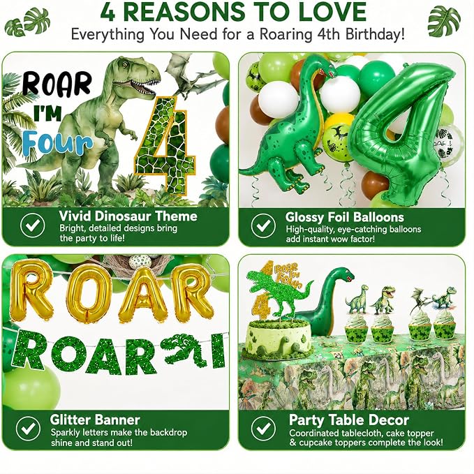 Roar Im Four Dinosaur 4th Birthday Party Decorations, Dinosaur 4th Birthday Party Supplies for Boys Girls, 4 Year Old Dino Theme Party Set with Backdrop, Fringe Curtains, Tablecloth, hanging swirls.