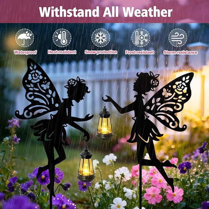 Solar Fairy Garden Lights Outdoor, 2 Pack Hanging Lantern Fairy Stakes with LED Warm Glow, Waterproof Metal Silhouette Yard Decor for Patio Lawn Pathway, Garden Gifts for Women Mom