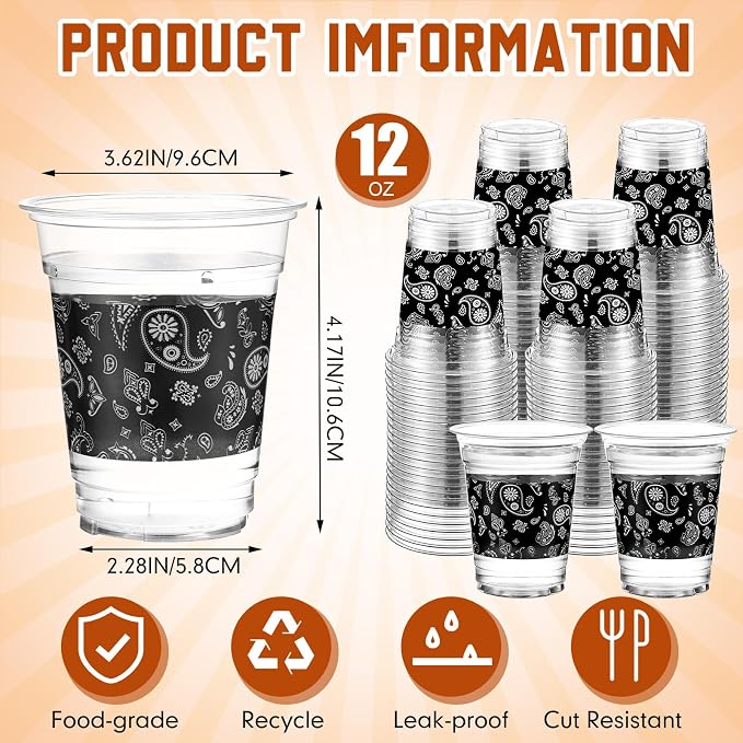 Funnymoom 60 Pack Western Cowboy Cups 12 oz Black Bandana Paisley Print Disposable Clear Plastic Cups for Western Cowboy Birthday Party Decoration Supplies