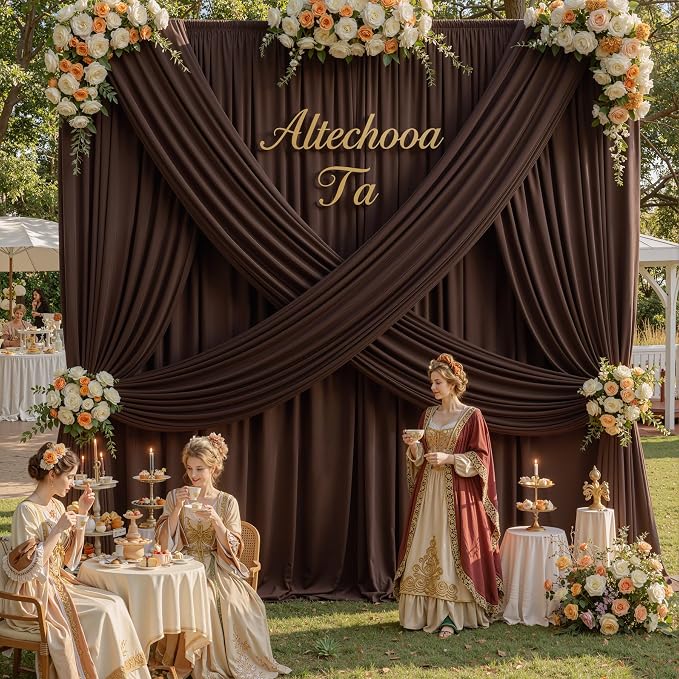10x16ft Brown Backdrop Curtains for Wedding Party, 2 Panels 16 ft Long Back Drop Cloth, Wrinkle-Free Polyester Drapes for Birthday, Baby Shower, Stage Photography Background