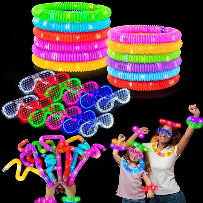 Glow in the Dark Party Favor Supplies for Kids 24 PCS, Glow Sticks & Neon Glasses for Toddler, LED Light Up 4th of July Toy Bracelet Necklace Accessories Decor for 250th Anniversary Camping Wedding