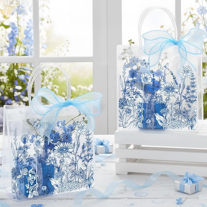 Hosuly 24 Pcs Blue White Floral Party Favor Bags with Handles, Clear PVC Wildflower Goodie Treat Vintage Gift Bags for Wedding Bridal Baby Shower Birthday Party Favors Supplies 7.9 x 7.9 x 3.1 Inch