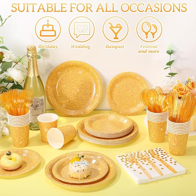 Hushee 175 Pcs 25 Guests Gold Paper Party Plates and Cups Napkins Sets Holographic Glitter Disposable Dinnerware Plastic Forks Knives Spoons Birthday Bachelorette Wedding Party Supplies