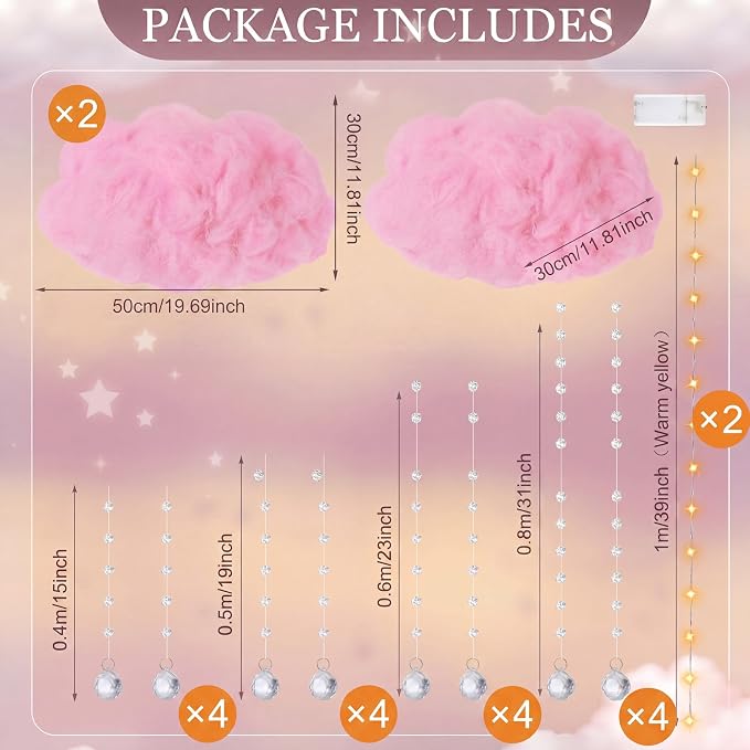 Marsui Artificial Cloud Props LED Hanging Pink Light String Fake Imitation 3D Cotton Cloud Classroom School Decor Raindrop for Room Ceiling Baby Shower Party Wedding Nursery Wall DIY Decor(2 Pcs)
