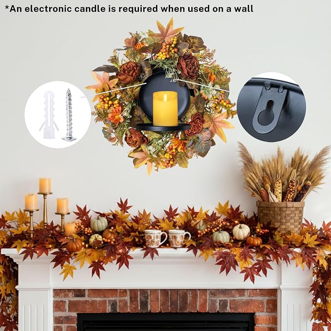 MOYEE Autumn Centerpieces for Tables Candle Ring, Black Metal Candlestick with an Artificial Wreaths 14 in Versatile Dining Table Centerpiece Decor (Austin Rose Wreath)