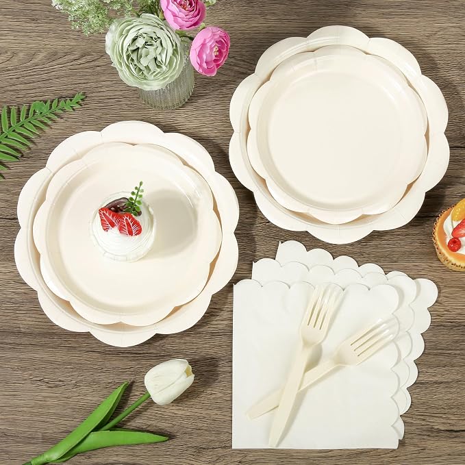 400 Pcs Ivory Paper Plates and Napkins Set Party Supplies, Tableware set for 50 Guest include Disposable Ivory Scalloped Plates Napkins Knives Forks Spoons Cups for Baby Shower Bridal Shower Wedding