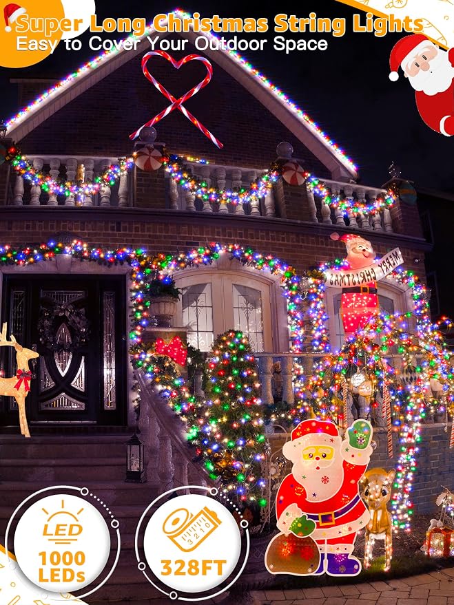 BrightChristmas 328 FT 1000 LED Christmas Lights, Waterproof Outdoor String Lights with Remote and Timer, Christmas Tree Lights with 8 Modes Dimmable, Fairy Lights for Holiday Decor (Multicolor)