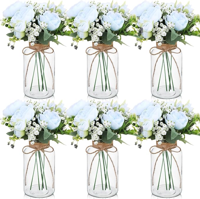 Zeyune 6 Sets Mason Jar Table Centerpiece with Artificial Peony Baby's Breath Flower Centerpieces Faux Flowers with Rope for Wedding Reception Engagement Bridal Shower Rustic Table Decor(Blue)