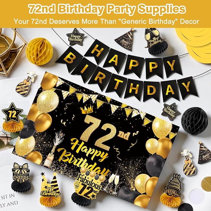 Happy 72nd Birthday Party Decoration: Including Birthday Banner Backdrop, Party Table Centerpieces and Hanging Swirl Party Streamers, Birthday Decor for Men and Women (Gold/Black, 72nd Birthday)