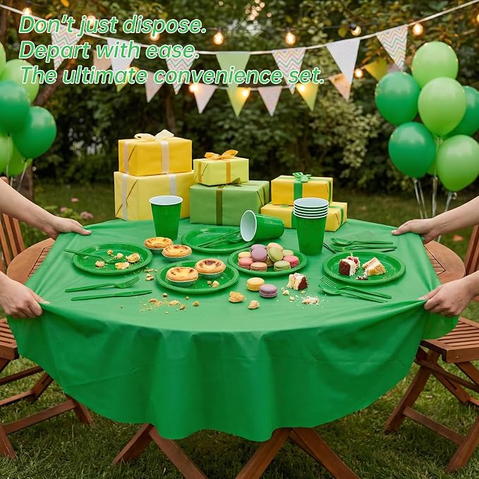 352 Pcs Green Plastic Plates Party Set, 50 Guests Disposable Dinnerware Set with Green Tablecloths, Fresh Green Plastic Plates Party Set for Garden Party/BBQ/St. Patrick's Day/Eco-Theme Event