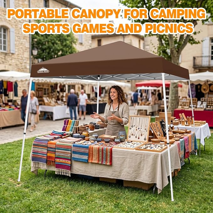 EAGLE PEAK 10x10 Slant Leg Pop-up Canopy Tent Easy One Person Setup Instant Outdoor Beach Canopy Folding Portable Sports Shelter 10x10 Base 8x8 Top (Dark Brown)
