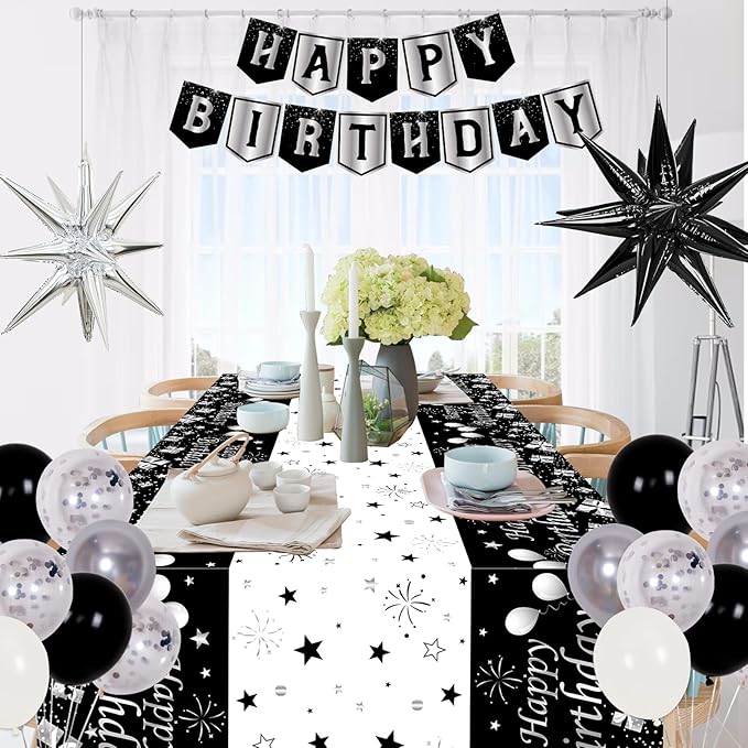 Silver and Black Birthday Decorations for Men Women Boys Girls 80 PCS White Black and Silver Party Decorations Happy Birthday Backdrop Banner Confetti Star White Balloon Arch Tablecloth Party Supplies