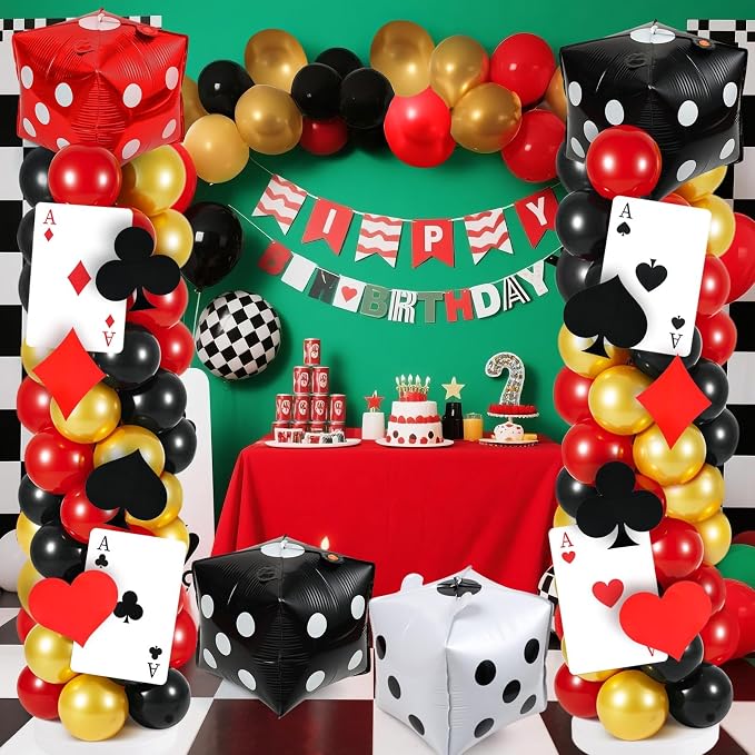 2 Sets Casino Theme Balloon Column Stand Kits Red Black Gold Balloons Column Kit with Dice Poker Tower Stand Kit 2 Sets Balloons Tower Sets for Las Vegas Game Night Themed Party Supplies