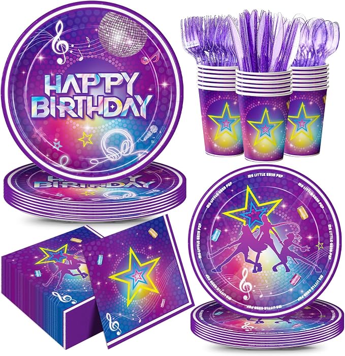 168pcs Kpop Birthday Party Plates Napkins Purple Magical Music Party Supplies Disposable Tableware Set Dance Birthday Decorations for Girls Serve 24 Guests