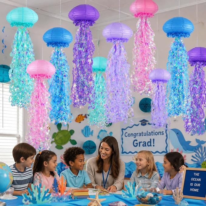 6-Pack Jellyfish Paper Lanterns, Blue Purple Pink Under The Sea Party Decorations, Mermaid Birthday Decorations, Ocean Themed Baby Shower, 10" Jellyfish Lamp for Classroom Decor Pool Party