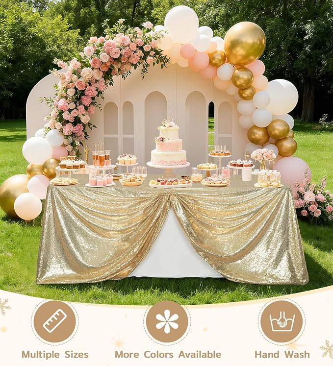 Juya Delight 60" x 120" Light Gold Rectangle Sequin Tablecloth for Party Dinner Banquet Festival Wedding Anniversary Exhibition Dessert Table