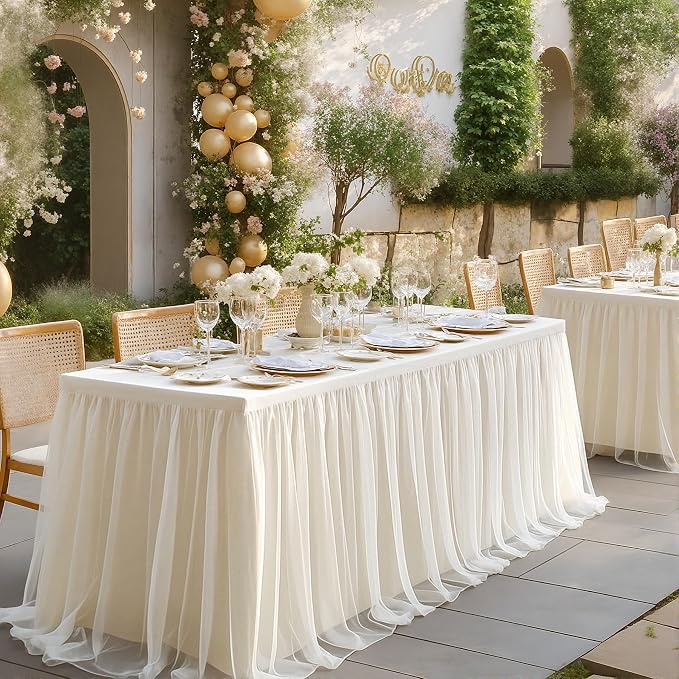 2-in-1 Ivory Tablecloths for 6 Foot Rectangle Tables with Tulle Table Skirt Wedding Table Cover Stretchy Fitted Ruffle Tutu Tablecloth for Baby Shower Reception Birthday Parties Celebration Banquet