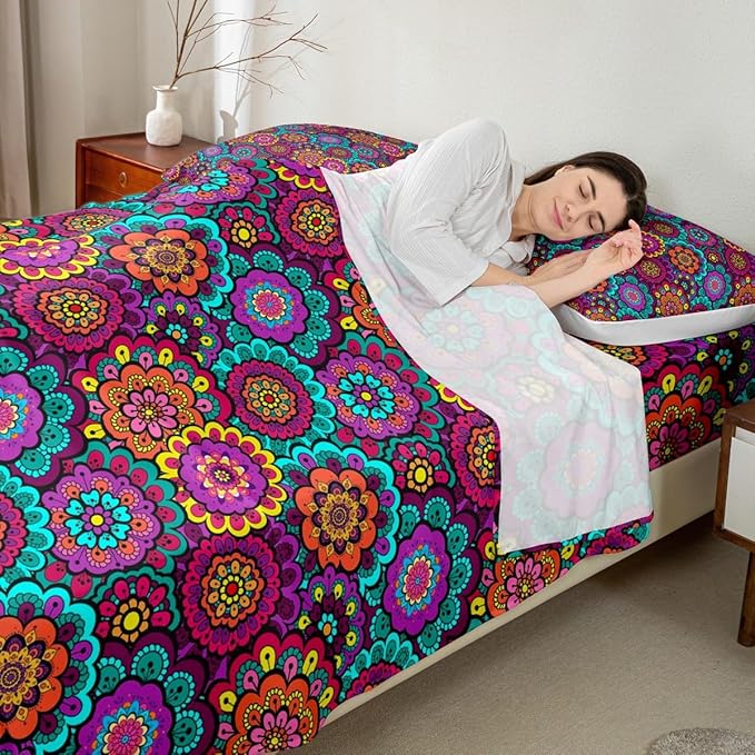 Bohemian Flowers Sheet Set Queen Size Watercolor Mandala Floral Boho Style Bedding Set for Kids Teens Women Room Decor Exotic Rustic Plant Luxury Deep Pocket Bed Sheet Set 2 Pillowcase,Polyester