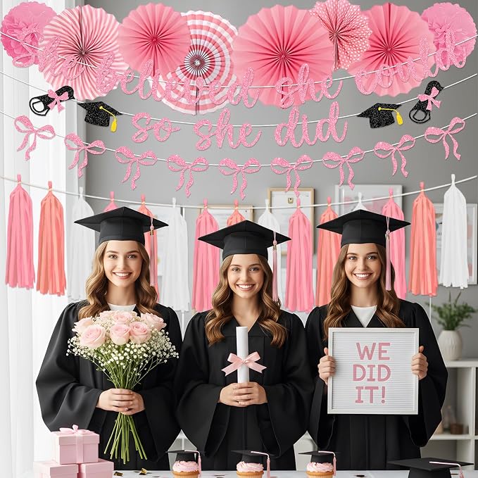 Pink Graduation Decorations 2026 - 14PCS Pink Bow Graduation Banners Pompoms Tassels Paper fans Party Decor, Bowknot Graduation Supplies for Primary Middle High School University College